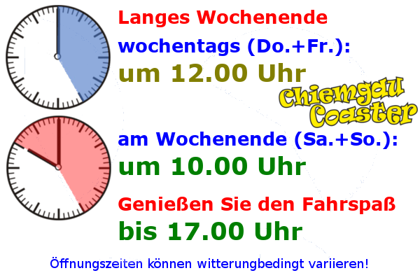 Langes Wochenende: geöffnet wochentags (Do. + Fr.) von 12.00 Uhr bis 17.00 Uhr und am Wochenende (Sa. + So.) von 10.00 Uhr bis 17.00 Uhr