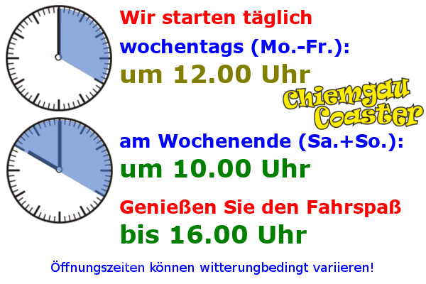 Wir haben wochentags (Mo.-Fr.) von 12-16 Uhr und am Wochenende (Sa. und So.) geöffnet, 10-16 Uhr
