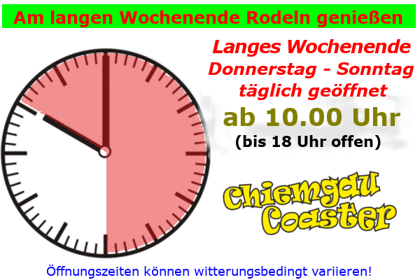 14. Mai bis 17. Mai, am langen Wochenende (Do.+Fr.+Sa.+So.) geöffnet bis 18.00 Uhr